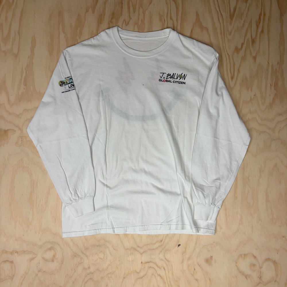 J Balvin x Global Citizen Long Sleeve Graphic T-Shirt White Smiley Face Mens M